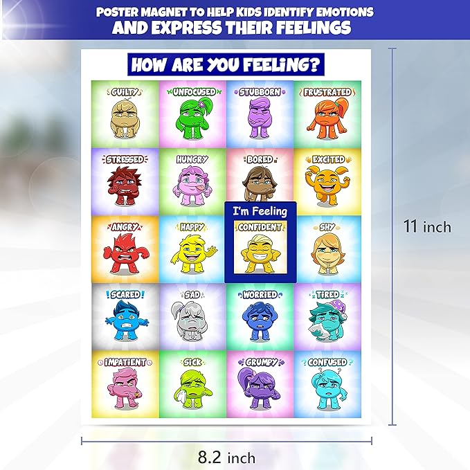 Magnet Feelings Chart for Kids and Toddlers-with Laminated Coat for Extra Protection Feelings Poster for Classroom,Therapy or Home - Emotions Poster Attach to Metal Surfaces, Fridge,Lockers and Doors