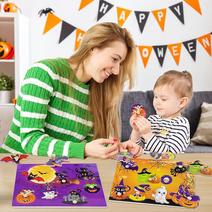 2Pcs Halloween Wooden Peg Puzzles, Halloween Toys for Toddlers Educational Puzzle Kids Hallow EEN Party Favors Basket Stuffers Fillers Favors Hallow EEN Treats Non Candy Goodies for Boys Girls
