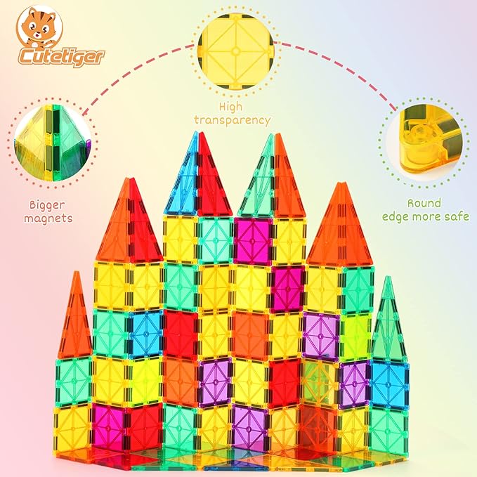 CuteTiger Magnetic Tiles, 64PCS Magnet Building Toys, Magnetic Building Set, Stacking Blocks, Perfect STEM Toys Gift for Kids Boys and Girls