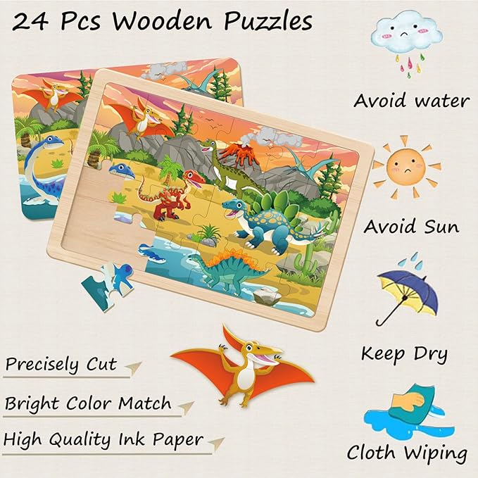 Puzzles for Kids Ages 4-6, 4 Packs 24 Piece Wooden Jigsaw Puzzle for Toddlers 5-8, Preschool Educational Puzzle Boards Toys Gifts for 4 5 6 7 8 Boys Girls