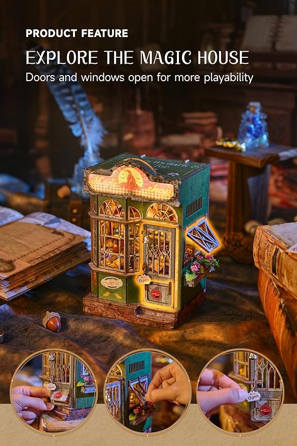 Magic Shop Miniature House Kit,DIY Miniature Dollhouse Kit with LED & Furniture,Mini Diorama House Building Kit for Adults,Tiny House Mini Model Kit Wooden Crafts,Bookshelf & Home Decor Gifts