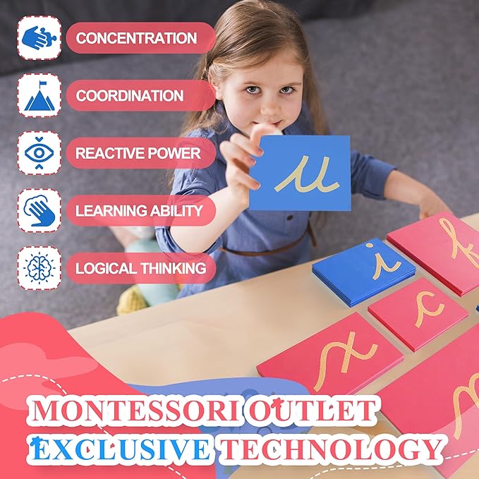 MONTESSORI OUTLET Woonden Sandpaper Letters Lower Case Cursive Toys for Early Childhood Kids Alphabet Educational Material