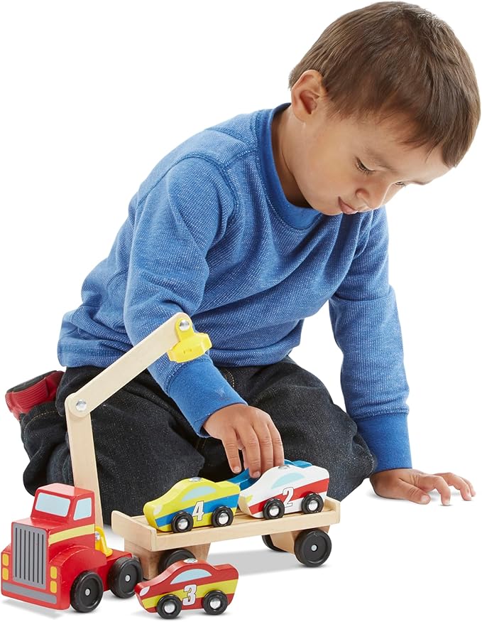 Melissa & Doug Magnetic Car Loader Wooden Toy Set with 4 Cars and 1 Semi-Trailer Truck Crane Wooden Toy, Vehicle Toys for Kids Ages 3+