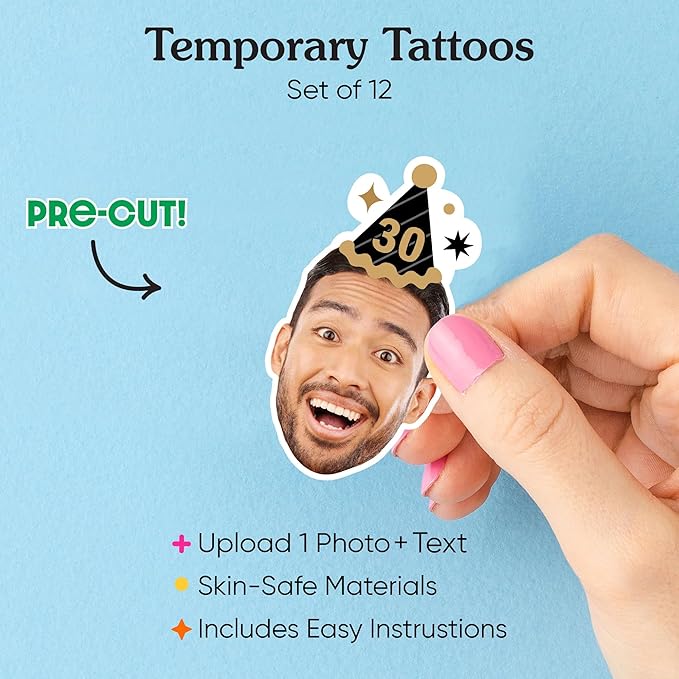 Big Dot of Happiness Custom Photo Adult Happy Birthday - Gold - Birthday Party Favors - Fun Face Temporary Tattoos - Set of 12