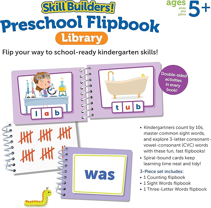 Learning Resources Skill Builders! Kindergarten Flipbook Library - 3 Pieces, Ages 5+ Kindergarten Learning Activities, Spelling and Counting for Kids, My First Library for Kids