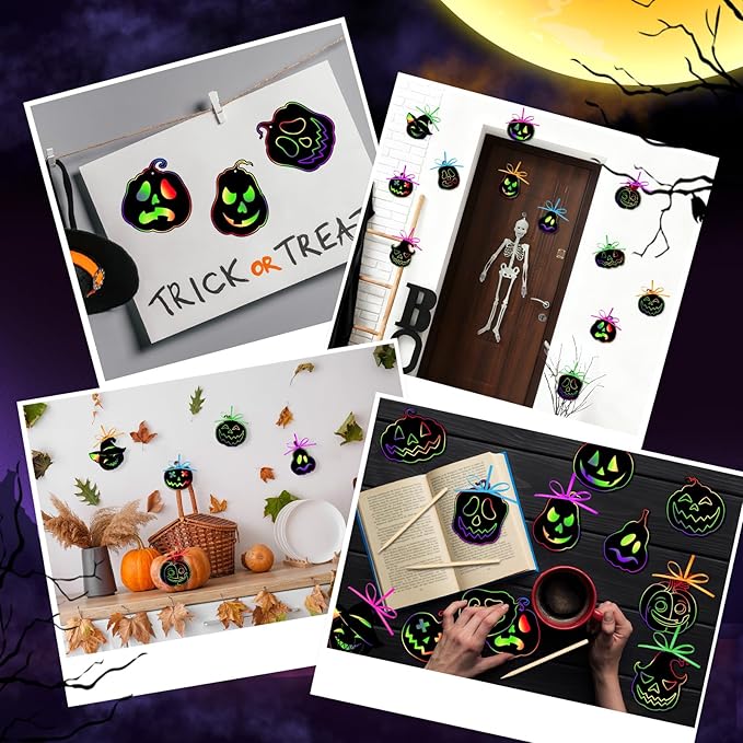 Qilery 120 Pcs Fall Halloween Scratch Paper Off Cards Magic Pumpkins Scratch Off Paper Craft Art Activities Rainbow Black Fun for Thanksgiving Party Ornaments DIY Education Game(Pumpkins)