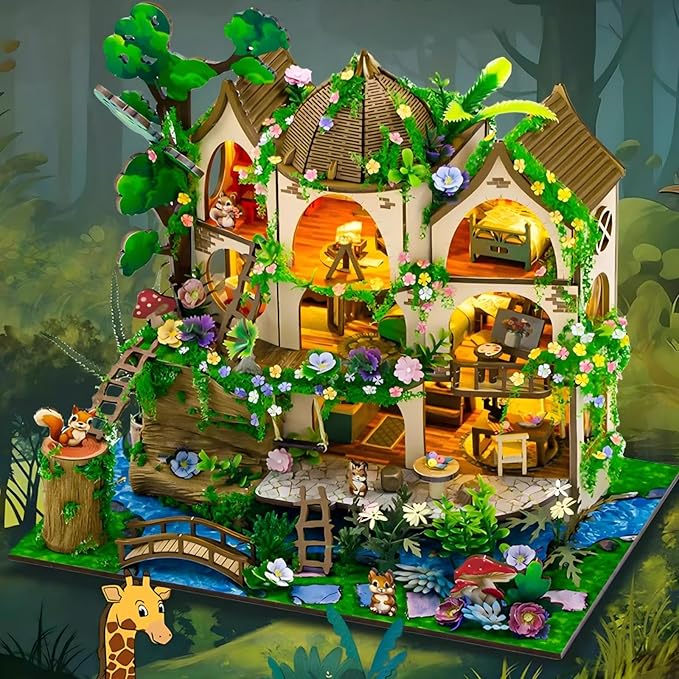 DIY Miniature House Kit, Tiny House Kit with Furniture & LED, DIY Wooden Dollhouse Miniature Kit for Adults Teen, Wooden Crafts Lovely Dollhouse Kit, Forest Castle