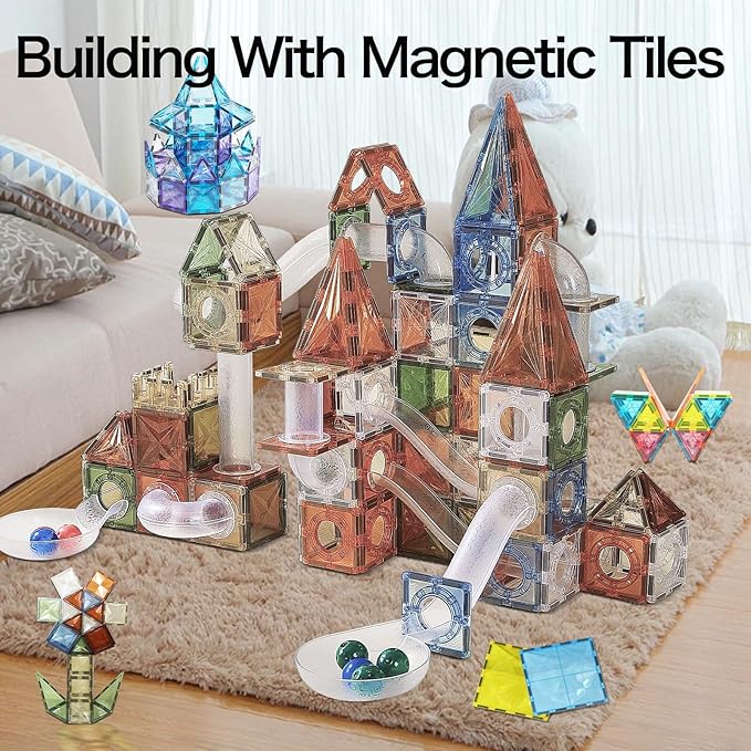 80 PCs Marble Run Maze Race Track Magnetic Tiles Magnet Building Block Educational Construction Toy Playset STEM Learning Kit Child Brain Development
