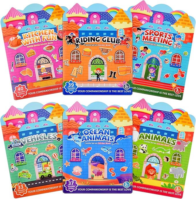 ASTARON 6 Pack Reusable Sticker Book for Toddlers, 3D Sticker Educational Game Sensory Learning Toy, Travel Activity Book Set for Toddlers 3-4 Years