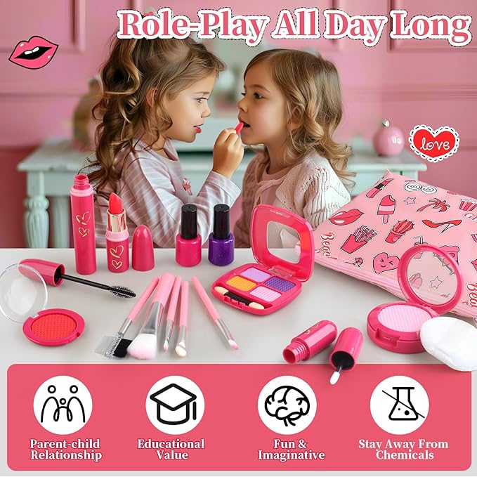 Toddler Girls Toys Pretend Makeup Kits - Fake Makeup Set Toys for Kids 3 4 5 6 Year Old , Play Makeup Gift for Little Girls 3-5, Toddler Makeup Kit with Fake Makeup Toy Birthday Gift
