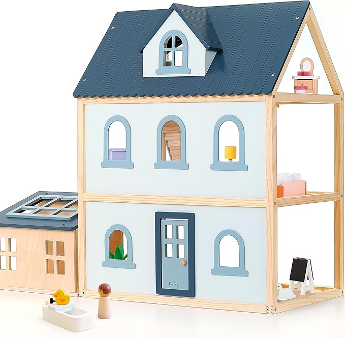 PairPear Large Wooden Dollhouse, 3 Story Play House with 64 Pieces Furniture Accessories & Garage, Pretend Play Family Dollhouse Gift for Kids 3+