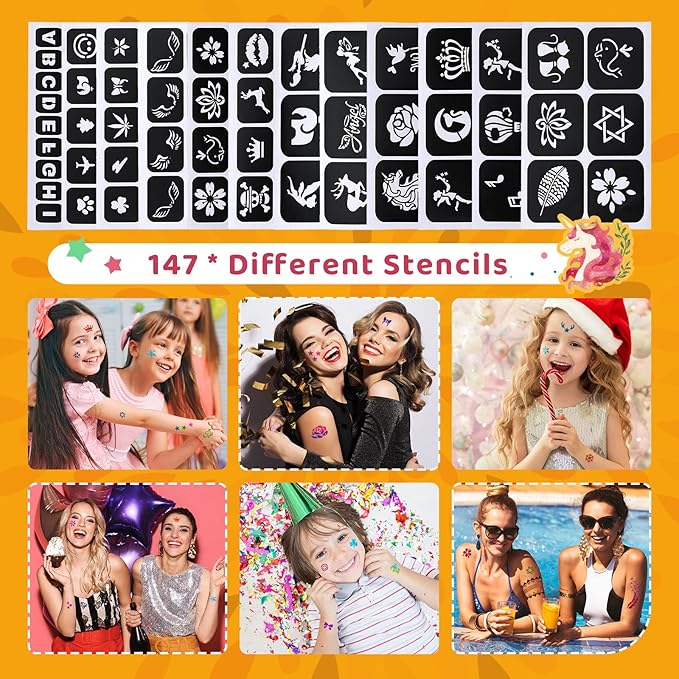 Glitter Tattoo Kit, Bledras 30 Colors Temporary Tattoo Set for Girls, 147 Stencils, 4 Brushes, 2 Glue, Glitter Tattoos for Kids or Adults, for Girls Boys, Carnival Birthday Festival Party