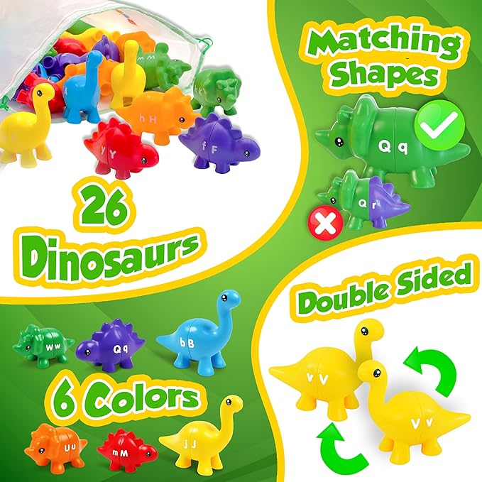 Bambibo Dinosaur Alphabet Learning Toys - 52pc in Storage Box | 26 Double Sided Dino Matching Toys | Preschool Dinosaur Letter Matching Toy for Toddlers 3-5