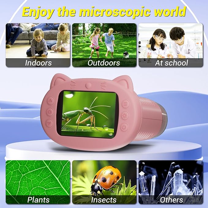 Kids Microscope, 1000X Handheld Mini Microscope, 2.4'' Portable Digital Microscopes, Photo and Video Microscopes, Educational Science Kit Toys for Age 3-10 Girls&Boys(Light Pink)