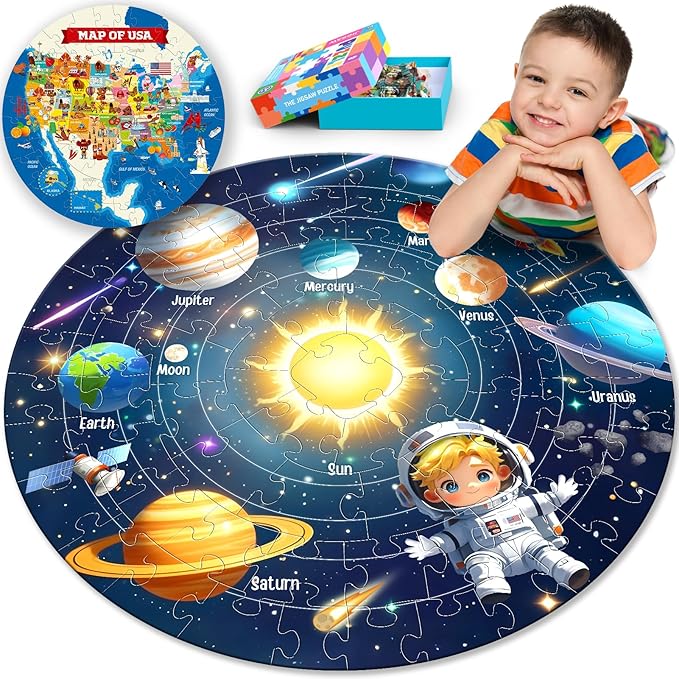 ELX 70 Piece Space Large Floor Puzzle for Kids Ages 5-8, Solar System Globe & USA Map Jigsaw Puzzles,Double-Sided Planet Round Puzzle for Toddlers,Geography Educational Toys for Boys&Girls (22.5 Inch)