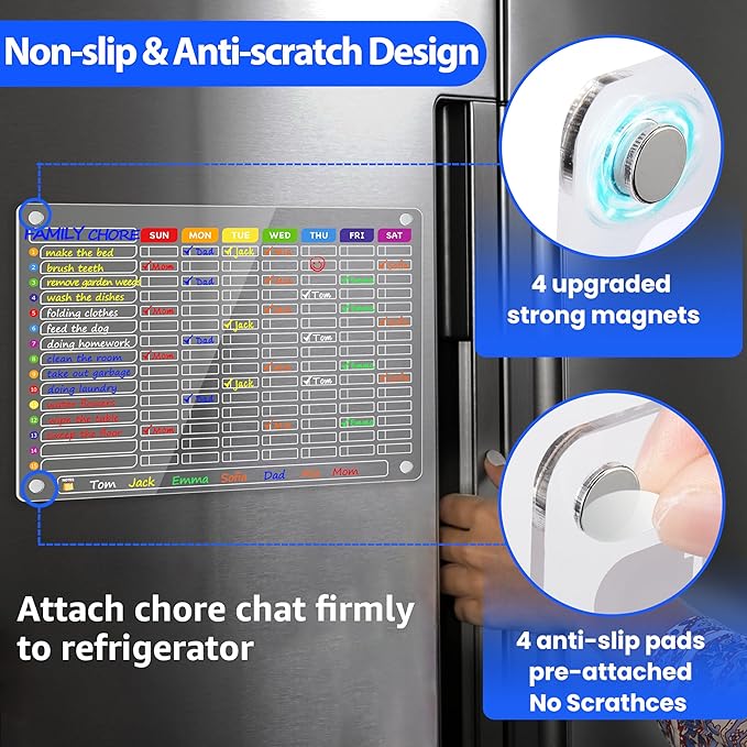 PigPotParty Acrylic Magnetic Chore Chart for Family & Multiple Kids – 16"x12" Large Dry Erase Chore Board for Fridge, Daily & Weekly Responsibility Chart for Adults, Includes 12 Markers & 1 Towel