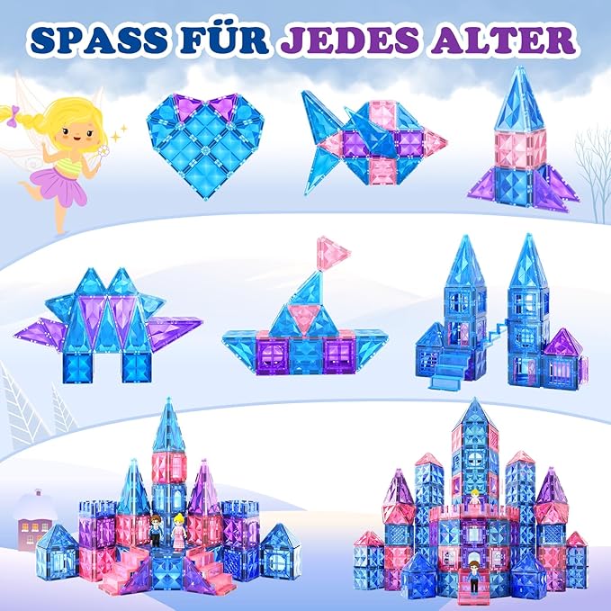 Magnetic Tiles 102pcs with 2 Stairs 2 Dolls Princess Castle Building Girls Toys Age 4-5 6-8 Magnetic Blocks Birthday Xmas Gifts for Girls Toys for 3 4 5 6 7 8+ Year Old