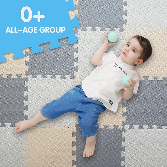 16 Tiles Foam Play Mat for Baby, Soft & Safe EVA Foam Mats for Floor, Square Interlocking Floor Mat, Solid Colored Kids Foam Puzzle Floor Mat, 47x47 Play Mat for Playpen(White/Beige/Gray)