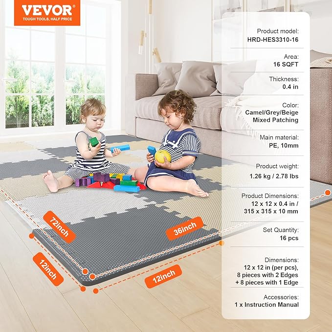 VEVOR 16-Tile Kids Play Mat, 0.4" EVA Foam, 12" x 12" Puzzle Mat, Interlocking Mats for Play Room, Nursery, Living Room, Camel, Gray, Beige