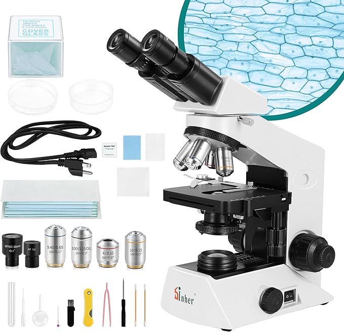 Sinher XSZ-2108A Professional lab Compound Binocular microscopes 40X-2000X Magnification for Kids Students Adults School Lab Home Education with Microscope Slides Set.