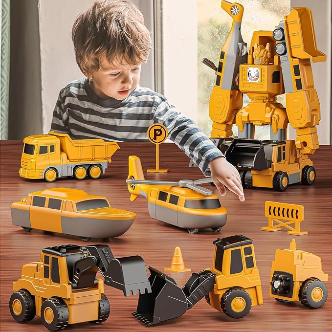 Transforming Robot Toys Set for Boys, 6 in 1 Magnetic Construction Trucks Transform Robot Play Vehicles with Storage Box (Construction Toys)