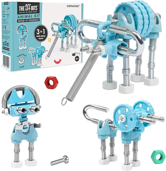 The Off Bits Erector Set: Animal Mini STEM Toys for Kids 6+, Toy Building Sets with Nuts & Bolts, STEM Building Toys Gifts for Boys and Girls (Blue Elephant)
