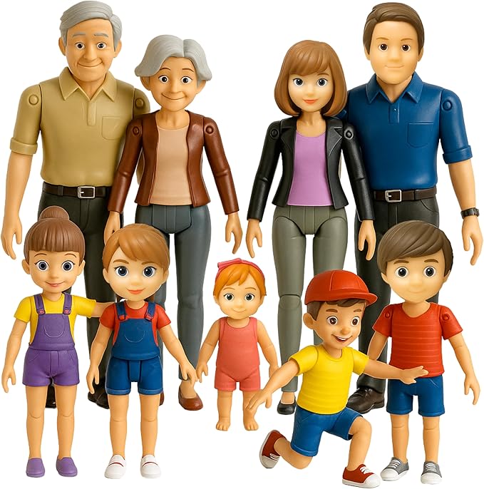 Dollhouse People, Bendable Dollhouse Family Set – 9 Poseable Figures Including Grandpa, Grandma, Mom, Dad, Sister, Brother, Cousins, and a Baby Girl – Perfect for Dollhouse Play and Imaginative Fun