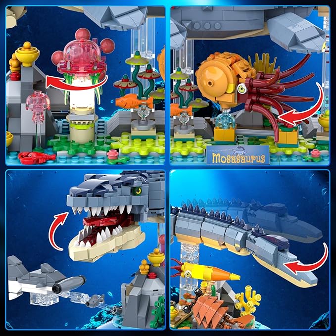 Mosasaurus Building Set with LED Light, 1219 PCS Movable Ocean Animal Building Block Toy with Nautiluses Jellyfish Squid Coral Reef, Ancient Reptile Home Decor Gift for Adults Teens Boys 12+