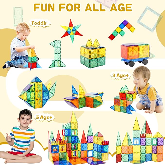 Magnetic Tiles 104PCS with 2 Cars – Montessori Magnetic Blocks for Toddlers | Sensory Toys, Outdoor Activities, Classroom Must Haves, 3 Year Old Girl Gifts, Toys for 3 Year Old Boys