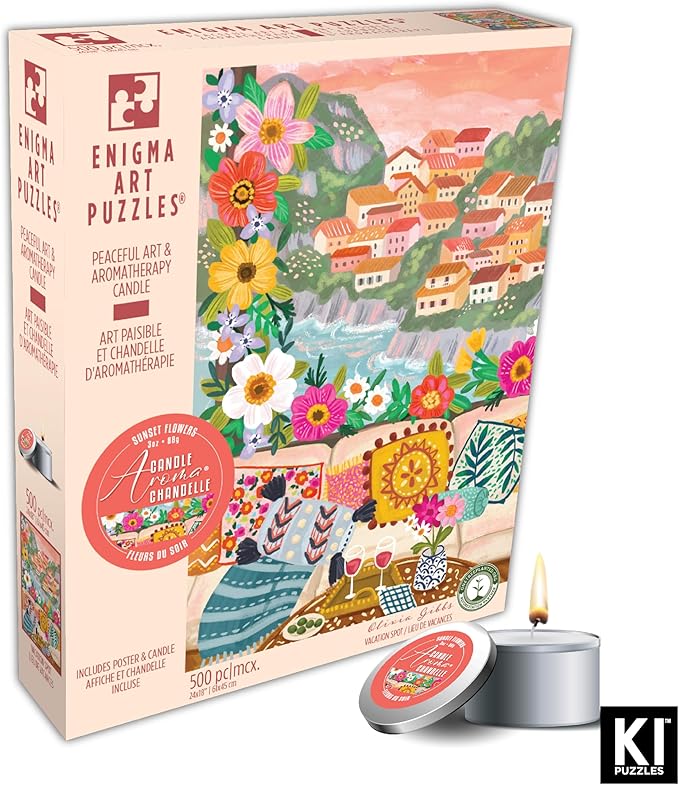 KI Puzzles 500-Piece Jigsaw Puzzle – Aromatherapy Blueboard with Candle – Cozy Olivia Gibbs Vacation Spot – 24x18 Relaxing Hygge Puzzle for Adults & Teens