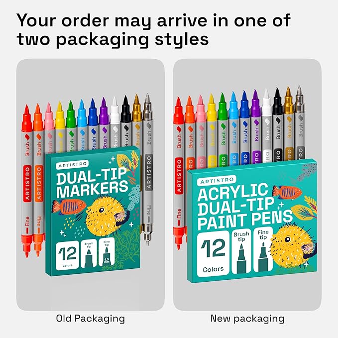 ARTISTRO 12 Dual Tip Brush + Fine Acrylic Paint Pens Ideal for Calligraphy - Paint Markers for Fabric, Rock, Glass, DIY - Stocking Stuffers, Christmas Gift Idea for Teens, Grandkids, Kids