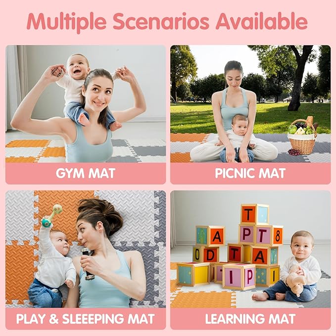 Play Mat for Babies 0-6 Months, Solid Colored Foam Floor Mat, Non-Toxic Interlocking Foam Puzzle Floor Mats, 0.4" Thick Square Kids Playmat丨47x47 Play Mat for Playpen (White/Gray/Orange)