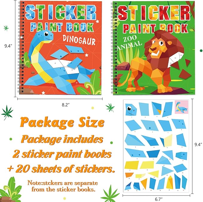 Omgouue 2PCS Dinosaur Animal Crafts Airplane Activities for Kids Ages 4-8 Sticker Paint Books Gift Party The Go Travel Trip Must Have Toys Activity Create 20 Pictures Sticker Sheets are Separate