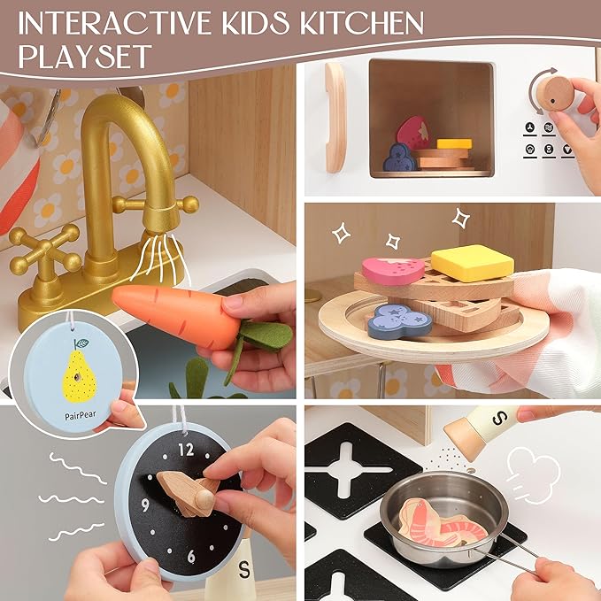 PairPear Wooden Play Kitchen for Kids, Pretend Play Toy Kitchen Set Coffee Maker, Ice Maker & Toy Food Accessories, Toddler Play Kitchen Gift for 3 Yeard and Up