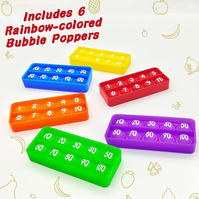10 100 Frame Pop Board, Fidgets for Classroom, Quiet Sensory Toys Bubble Poppers, Pop for Counting Math, Focus Tools for Kids, Montessori Educational Toy Gift for Kindergarten (Set of 6)