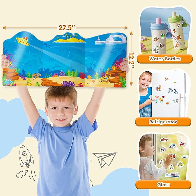 Reusable Jelly Sticker Books for Toddlers, 3D Waterproof Sticker Books, Travel Toys for Kids - Ocean Wrold, Vehicles