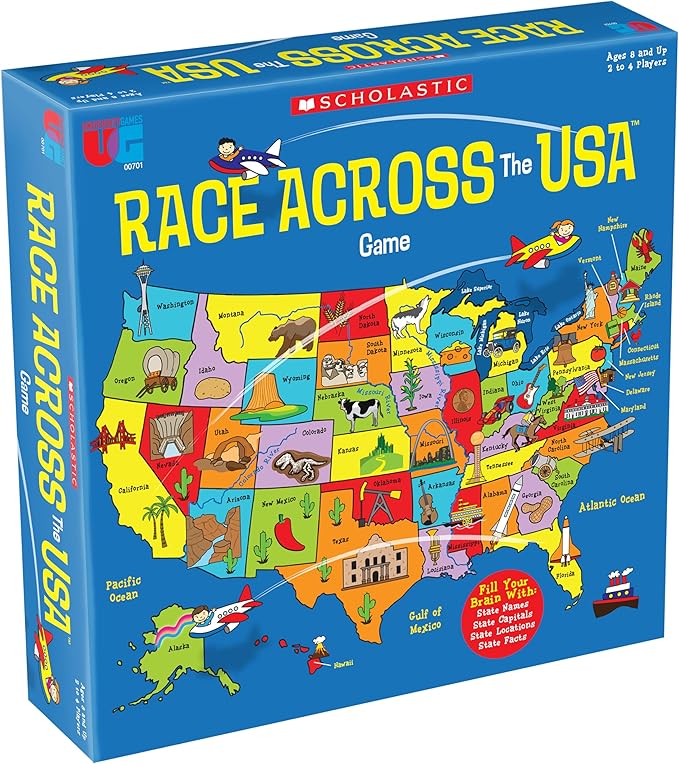 University Games, Scholastic Race Across the USA Board Game , Geography Learning Game for Kids and Families, for 2 to 4 Players Ages 8 and Up