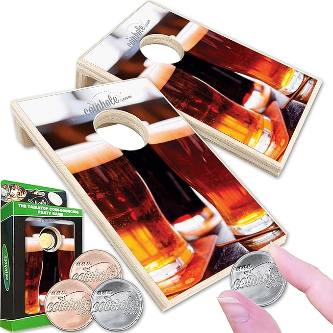 Coinhole Desktop Coin Bouncing Party Game Set | Tabletop Cornhole Board Game | Small Cornhole Travel Game Includes Coins