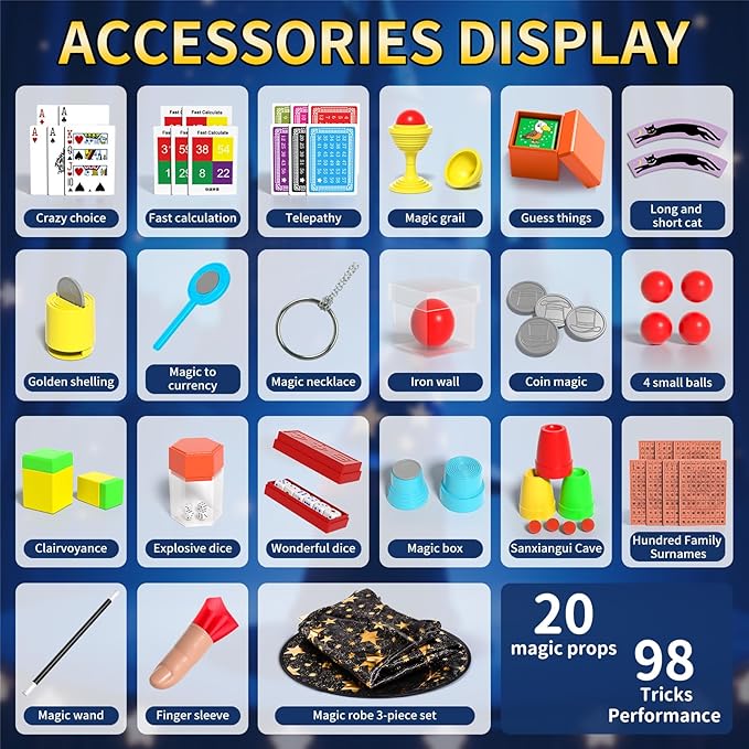 Magic Kit for Kids 6-8-10-12, 98 Magic Tricks Set for Kids with Magician Costume and Magic Wand, Halloween Christmas Birthday Gifts Toys Magic Set for Ages 4 5 6 7 8 9 10 11 12 Years Old Boys Girls