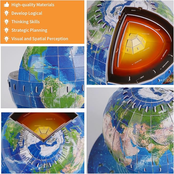 3D Puzzles for Kids Ages 8-10-12-14 Earth Globe DIY Geography Puzzle, Educational Learning Toys 3D Jigsaw World Globe Map Model Kit Teaching Aids Birthday for Boys Girls, 50 Pieces