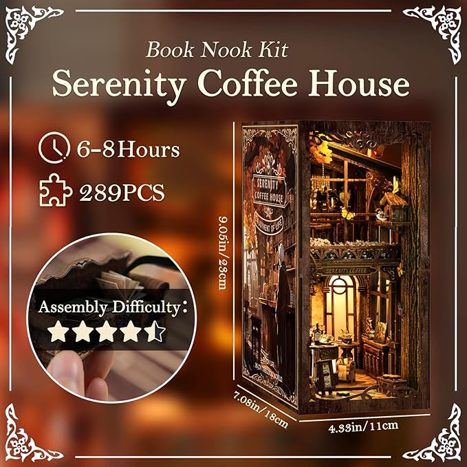 DIY Book Nook Kit Wooden Bookshelf Miniature Serenity Coffee House Kit 3D Wooden Puzzles Bookends Miniature House Kit Book Nook Bookshelf Insert Decor with LED Lights Wood Crafts for Adults