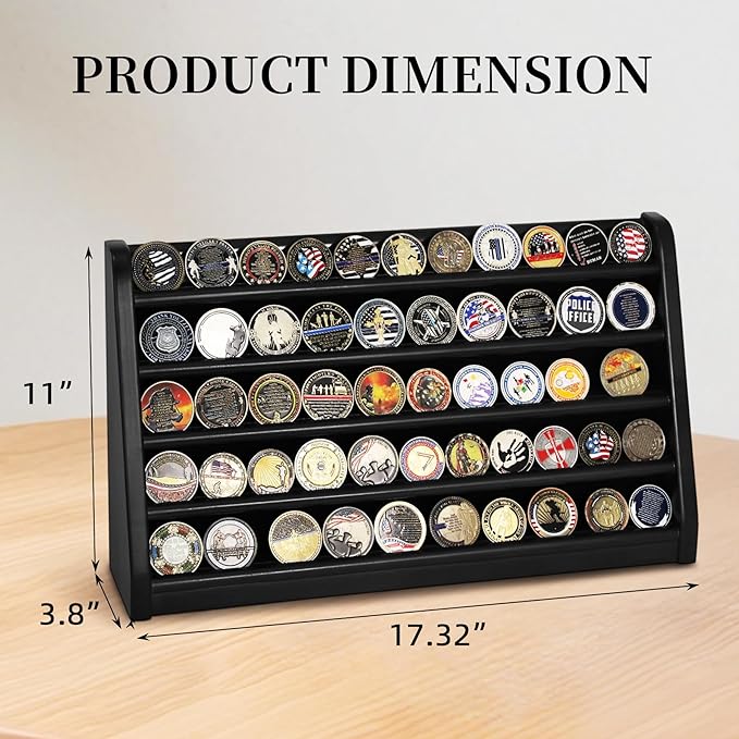 5 Rows Challenge Coin Holder Display Stand Holds 50 Coins for Wall Mount or Tabletop, Solid Wood Military Coin Rack Display Case for Army Collectibles, Black