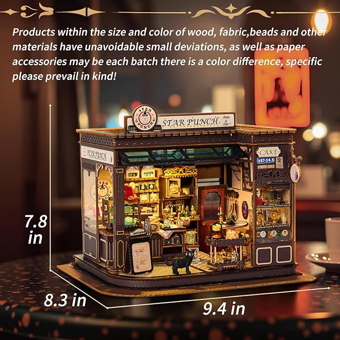 DIY Miniature House Kit - Coffee Shop Wooden Dollhouse Kit with LED Lights -Mini House Making Kit with Furniture - Tiny House kit for Adults to Build - Miniature Kits Craft Gift