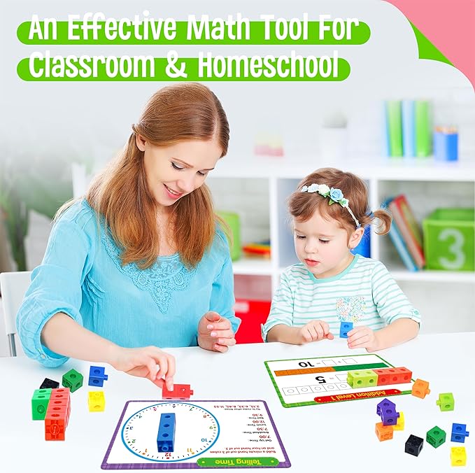 Math Linking Cubes, 100 Math Cube Manipulatives with 30 Learning Activities Plus 192 Reusable Stickers, Number Counting Blocks Snap Linking Math Counters, Fun & Educational Pre-K Counting Blocks