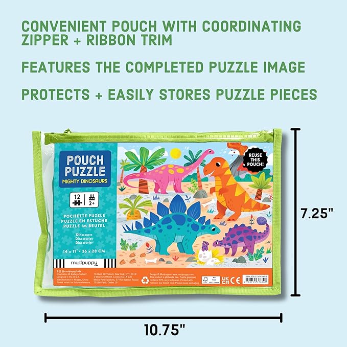 Mudpuppy Mighty Dinosaurs – 12 Piece Puzzle with Reusable Zipper Pouch Featuring Colorful and Fun Illustrations of Prehistoric Dinosaurs Perfect for Easy Storage and Travel