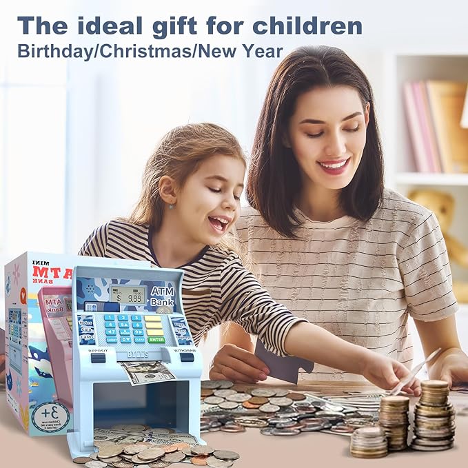 ATM Piggy Bank for Kids，ATM Bank Cash Coin Saving for Real Money with Debit Card，Coin Recognition, Balance Calculator, Electronic Savings Safe Box，Gift for Ages 6-13 Piggy Bank
