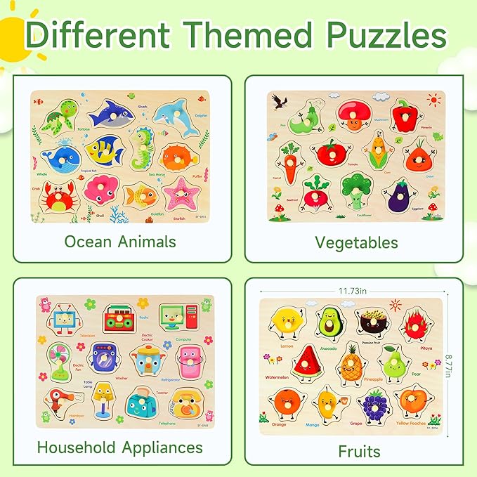 Wooden Peg Puzzles for Toddlers, 4 PCS Toddler Puzzles Set-Fruits, Sea Animals, Home Appliances, Vegetables, Baby Puzzle Montessori Toys for 3 4 5 Years Boys Girls, Kids Preschool Learninng Toys Gift