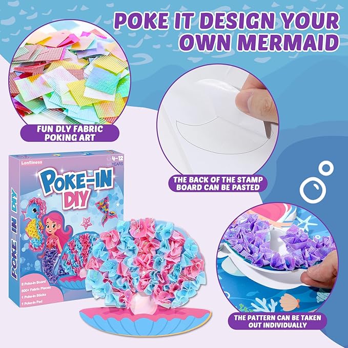 8PCS Poke-in Craft and Art Kit for Kids Mermaid Theme No-Mess Fabric Sewing Art for Girls Boys 4-12 Puzzle Puncture Painting DIY Ocean Sea Animals Toy Gifts for Activity Game Birthday Party