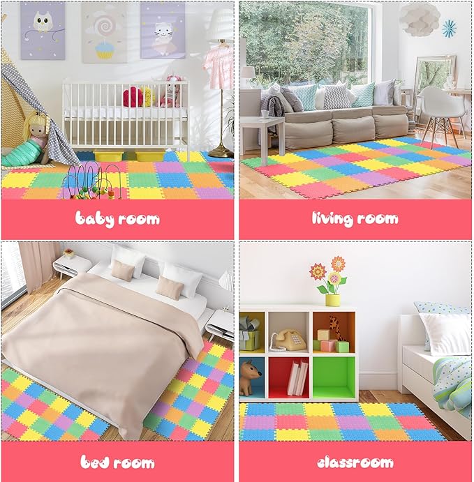 Shihanee 16 Pcs Foam Floor Baby Tiles 11.81 x 11.81 inches Foam Floor Mats Play Mats Bulk with Borders Interlocking for Kids Baby Playroom Nursery Gym（Colorful）