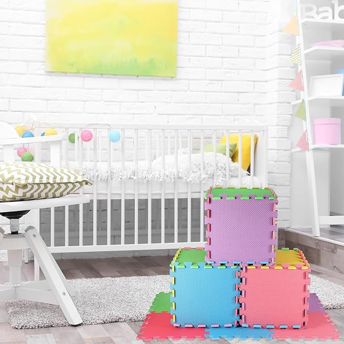 Nuanchu 60 Pcs Kids Foam Puzzle Floor Mat Bulk Solid Color Foam Play Mat with Borders Interlocking Multi Use Floor Rug for Baby Toddler Children Crawling Exercise Playroom 12 inch (Colorful)